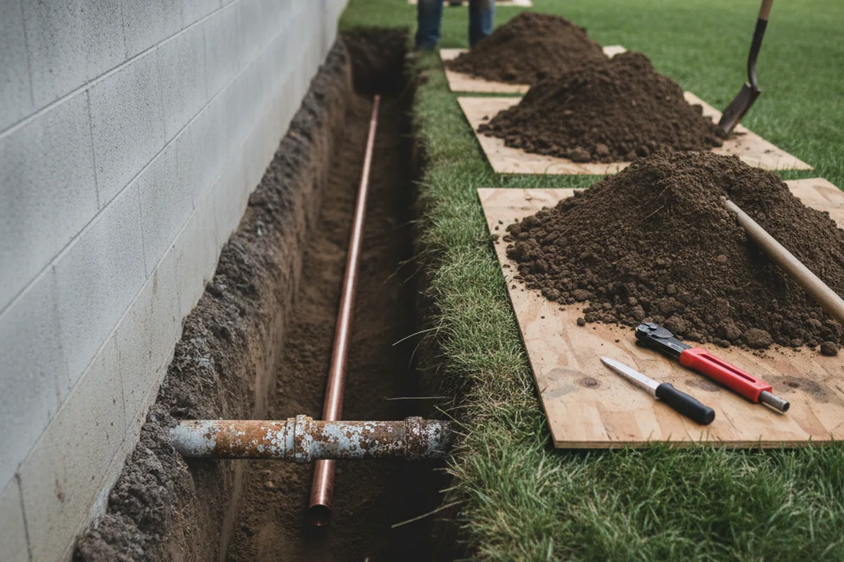 Excavated water line trench during Sewer Line Repair in Taconic